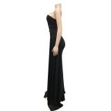 Black One Shoulder Sleeveless Pleated Party Elegant Maxi Prom Dress