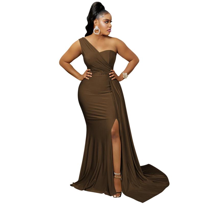 Brown One Shoulder Sleeveless Pleated Party Elegant Maxi Prom Dress