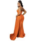 Orange One Shoulder Sleeveless Pleated Party Elegant Maxi Prom Dress