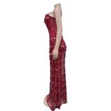 Claret Straps Mesh Low Cut Sequins Tassels Bodycon Formal Maxi Dress Y2K