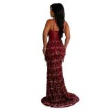 Claret Straps Mesh Low Cut Sequins Tassels Bodycon Formal Maxi Dress Y2K