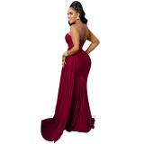 Claret One Shoulder Sleeveless Pleated Party Elegant Maxi Prom Dress
