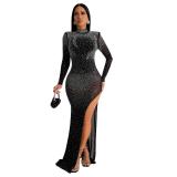 Black Long Sleeve Women Mesh Rhinestones Evening Formal Maxi Dress