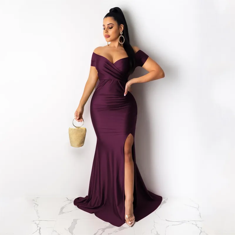 Claret Short Sleeve Low Cut Pleated Bodycon Evening Prom Long Dress
