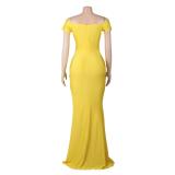 Yellow Short Sleeve Low Cut Pleated Bodycon Evening Prom Long Dress