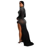 Black Long Sleeve Women Mesh Rhinestones Evening Formal Maxi Dress