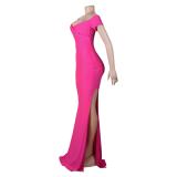 RoseRed Short Sleeve Low Cut Pleated Bodycon Evening Prom Long Dress