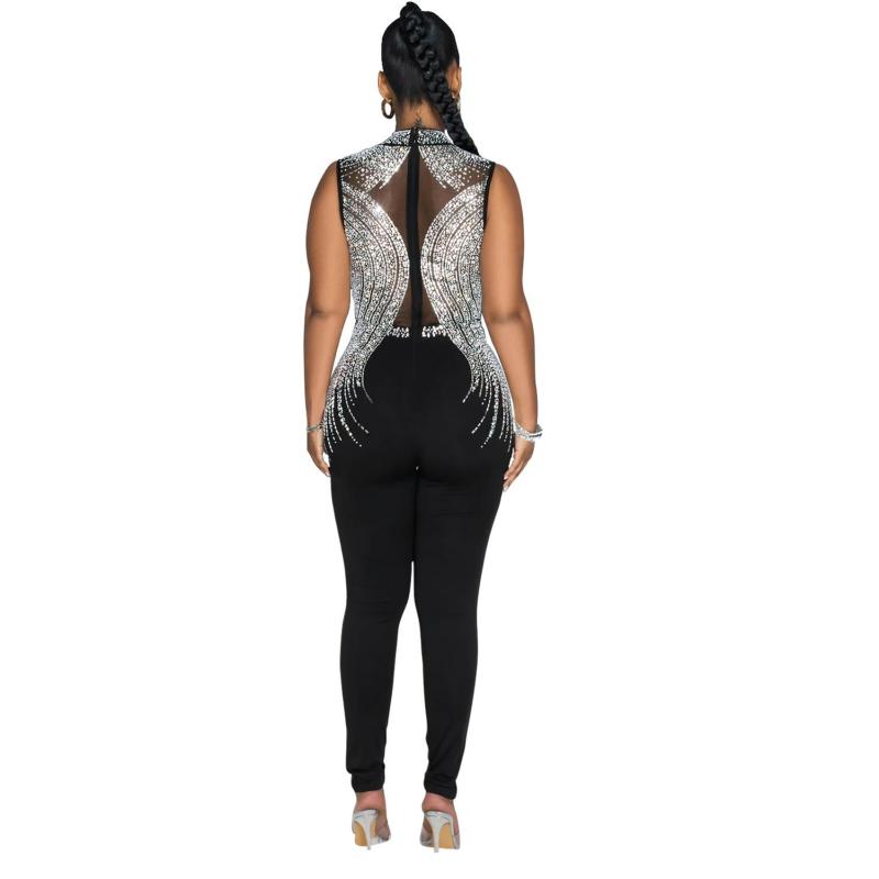 Black Sleeveless Mesh See Through Rhinestone Bodycon Club Sexy Jumpsuits