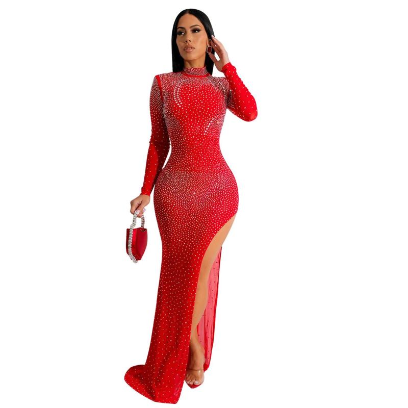 Red Long Sleeve Women Mesh Rhinestones Evening Formal Maxi Dress y2k