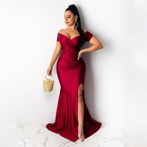 Red Short Sleeve Low Cut Pleated Bodycon Evening Prom Long Dress