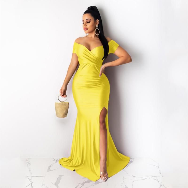 Yellow Short Sleeve Low Cut Pleated Bodycon Evening Prom Long Dress