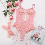 Pink Women's Lace Embroidered Erotic Underwear One Pieces Sexual Desire Luxury Babydoll