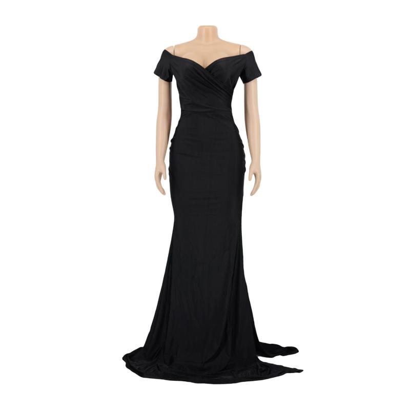 Black Short Sleeve Low Cut Pleated Bodycon Evening Prom Long Dress