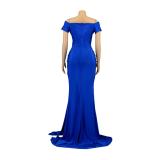 Blue Short Sleeve Low Cut Pleated Bodycon Evening Prom Long Dress