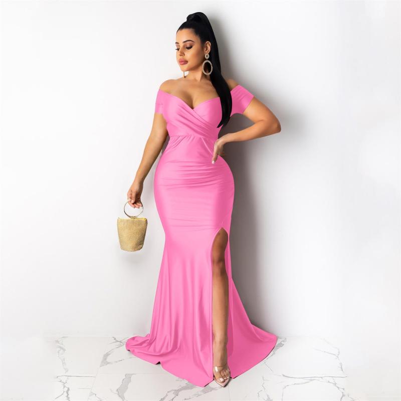 Pink Short Sleeve Low Cut Pleated Bodycon Evening Prom Long Dress