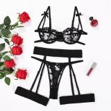 Black Sexy Lace Embroidered Three Piece Bra & Brief Lingerie Sets