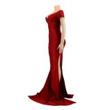 Red Short Sleeve Low Cut Pleated Bodycon Evening Prom Long Dress