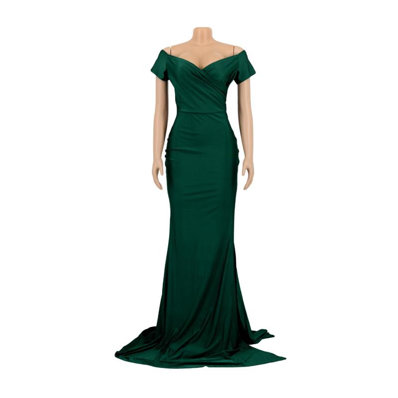 Green Short Sleeve Low Cut Pleated Bodycon Evening Prom Long Dress