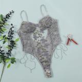 Gray Hollow Lace Embroidered Intimates Sexy Teddy
