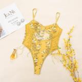 Yellow Hollow Lace Embroidered Intimates Sexy Teddy