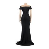 Black Short Sleeve Low Cut Pleated Bodycon Evening Prom Long Dress