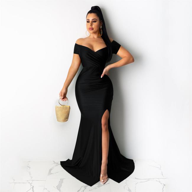 Black Short Sleeve Low Cut Pleated Bodycon Evening Prom Long Dress