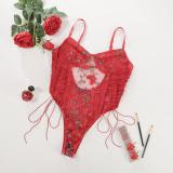 Red Hollow Lace Embroidered Intimates Sexy Teddy