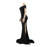 Black Short Sleeve Low Cut Pleated Bodycon Evening Prom Long Dress