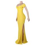 Yellow Short Sleeve Low Cut Pleated Bodycon Evening Prom Long Dress