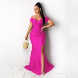 RoseRed Short Sleeve Low Cut Pleated Bodycon Evening Prom Long Dress