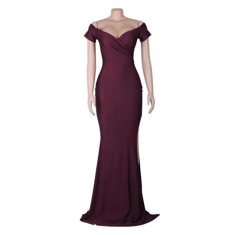 Claret Short Sleeve Low Cut Pleated Bodycon Evening Prom Long Dress