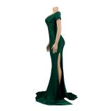 Green Short Sleeve Low Cut Pleated Bodycon Evening Prom Long Dress