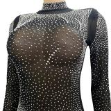 Black Long Sleeve Women Mesh Rhinestones Evening Formal Maxi Dress