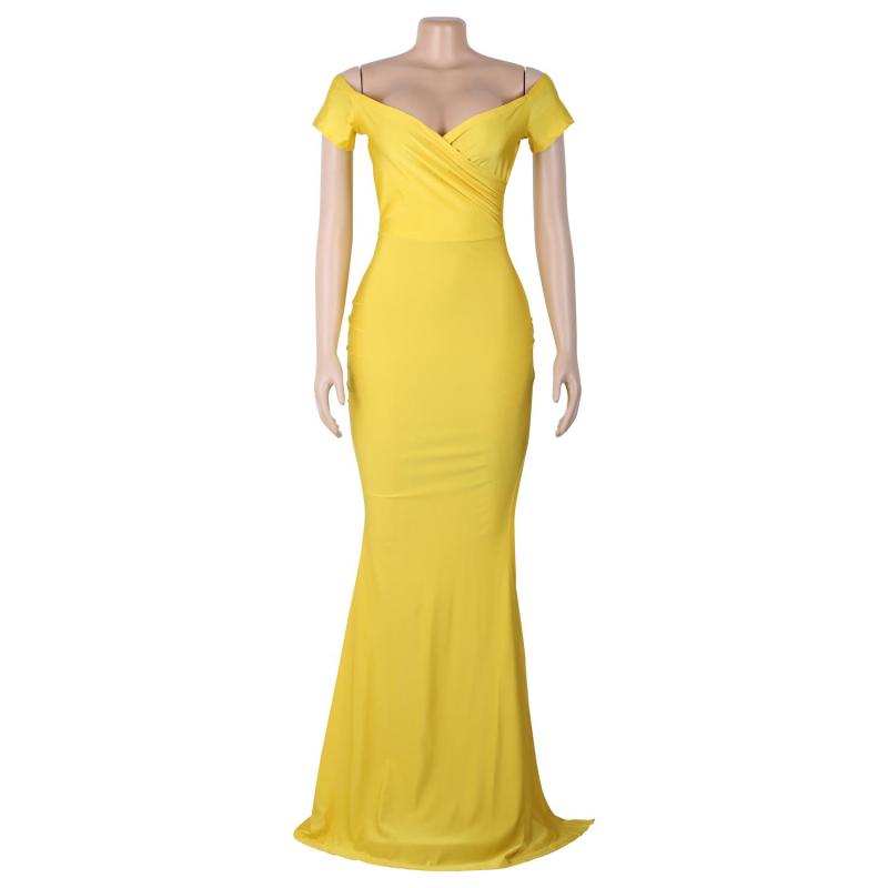 Yellow Short Sleeve Low Cut Pleated Bodycon Evening Prom Long Dress