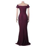 Claret Short Sleeve Low Cut Pleated Bodycon Evening Prom Long Dress