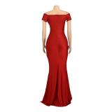 Red Short Sleeve Low Cut Pleated Bodycon Evening Prom Long Dress