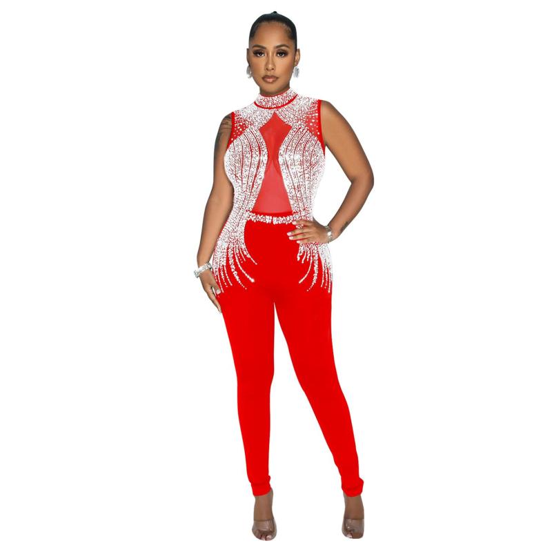 Red Sleeveless Mesh See Through Rhinestone Bodycon Club Sexy Jumpsuits