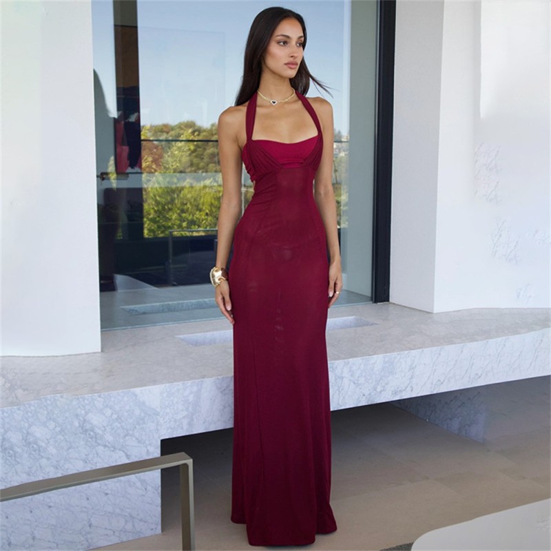 Red Straps Mesh Hollow Out Evening Bodycon Formal Maxi Dress