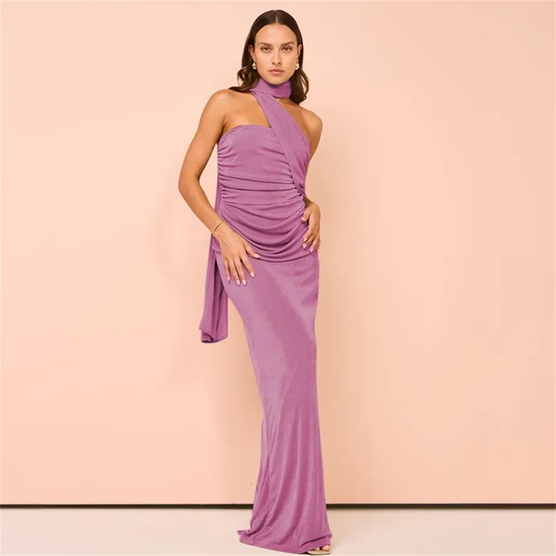 Purple Off Shoulder Halter Neck Fashion Backless Luxury Party Maxi Dress