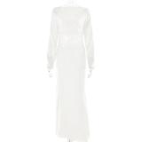 White Women Long Sleeve Satin Hollow Lace Prom Party Long Dress