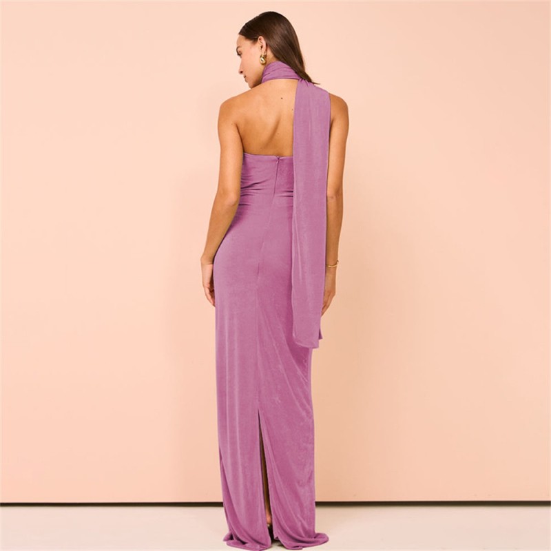 Purple Off Shoulder Halter Neck Fashion Backless Luxury Party Maxi Dress