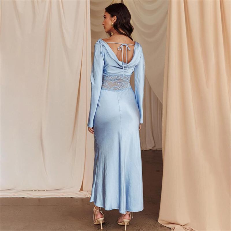 SkyBlue Women Long Sleeve Satin Hollow Lace Prom Party Long Dress