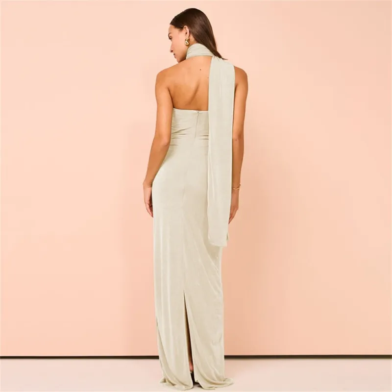 Beige Off Shoulder Halter Neck Fashion Backless Luxury Party Maxi Dress