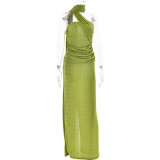 Green Off Shoulder Halter Neck Fashion Backless Luxury Party Maxi Dress
