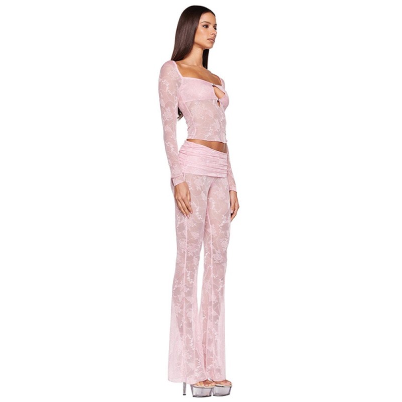 Long Sleeve Hollow Out Lace Two Pieces Straight Pant Sets Pink