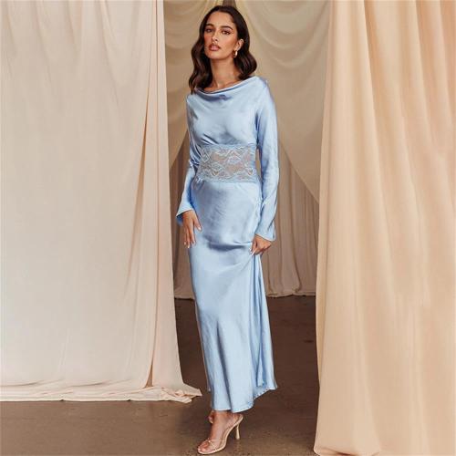 SkyBlue Women Long Sleeve Satin Hollow Lace Prom Party Long Dress