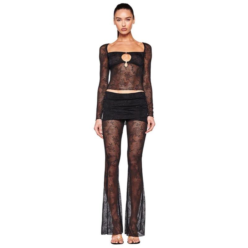 Black Long Sleeve Hollow Out Lace Two Pieces Straight Pant Sets