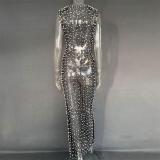 Black Sleeveless Mesh Hollow Out Pearls Sexy See Through Long Dress