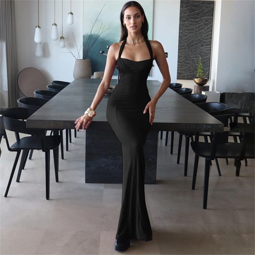 Black Straps Mesh Hollow Out Evening Bodycon Formal Maxi Dress