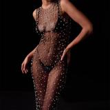 Black Sleeveless Mesh Hollow Out Pearls Sexy See Through Long Dress